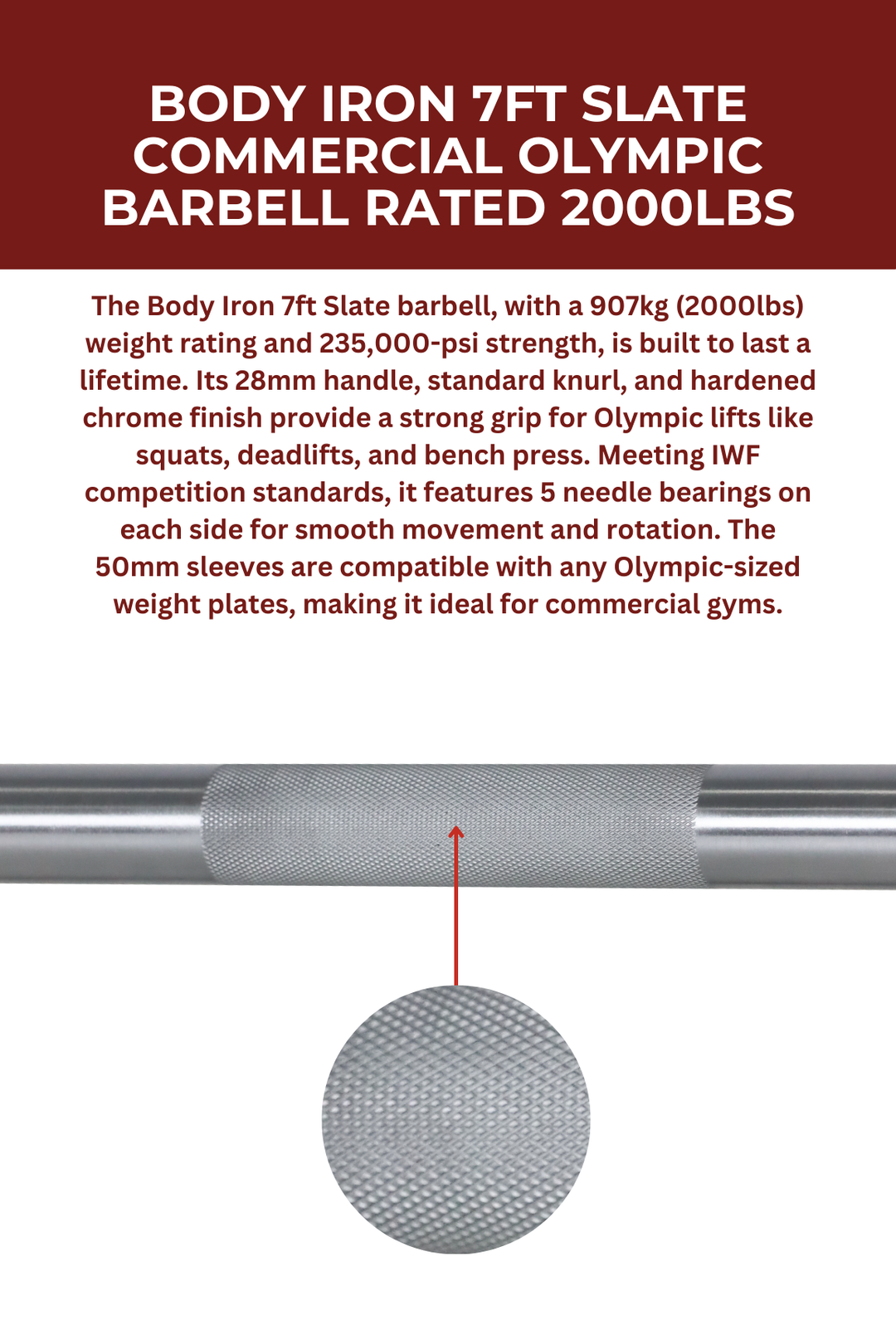 Body Iron 7ft Slate Commercial Olympic Barbell Rated 2000lbs