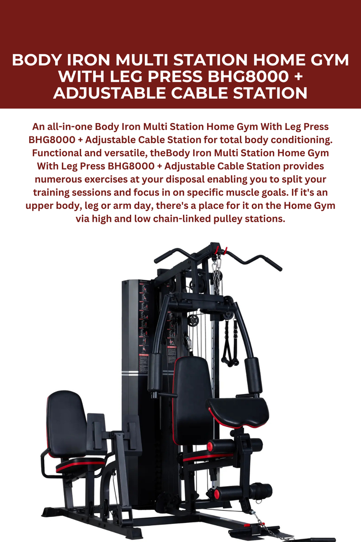 Body Iron Multi Station Home Gym With Leg Press BHG8000 + Adjustable Cable Station