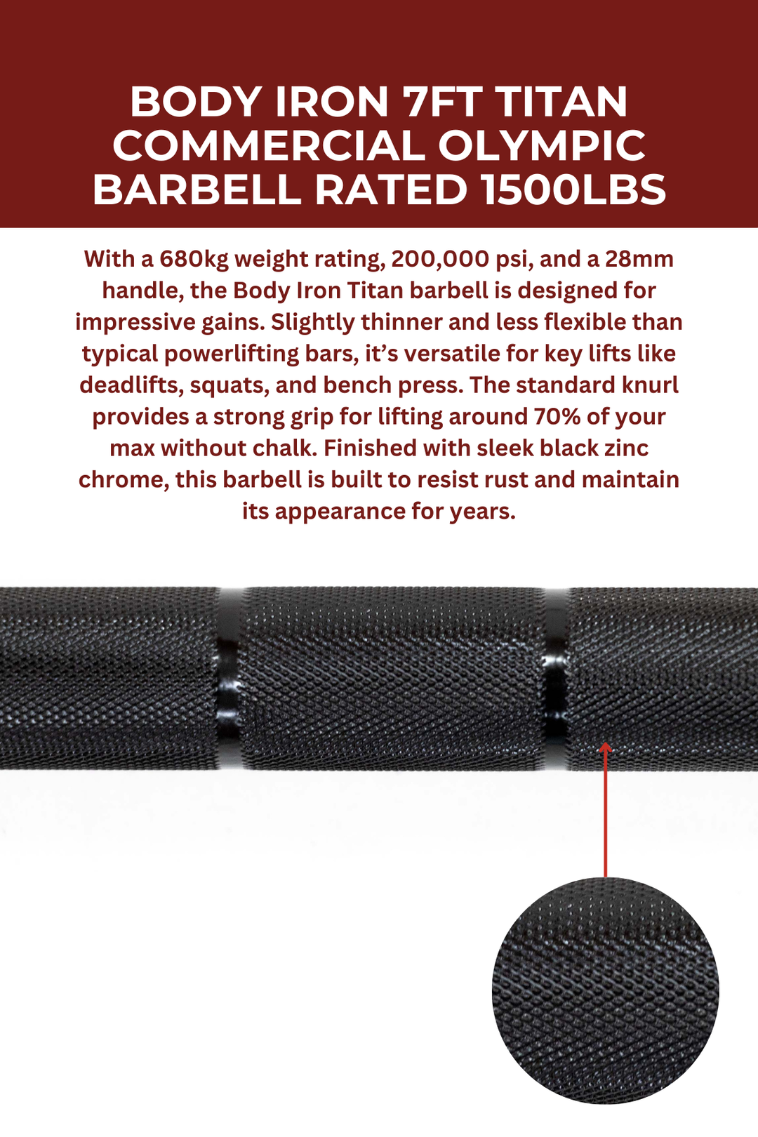 Body Iron 7ft Titan Commercial Olympic Barbell Rated 1500lbs