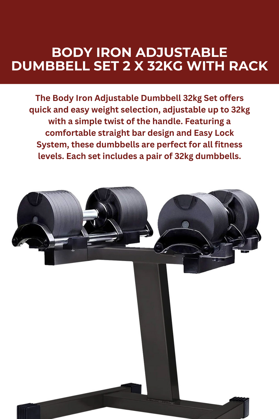 Body Iron Adjustable Dumbbell Set 2 X 32KG with Rack
