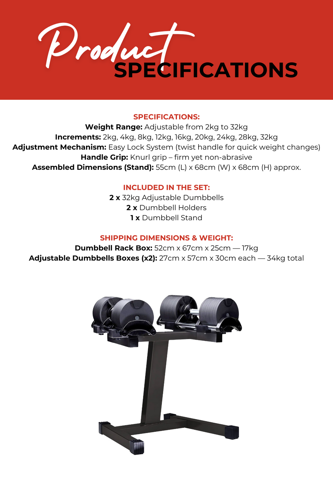 Body Iron Adjustable Dumbbell Set 2 X 32KG with Rack