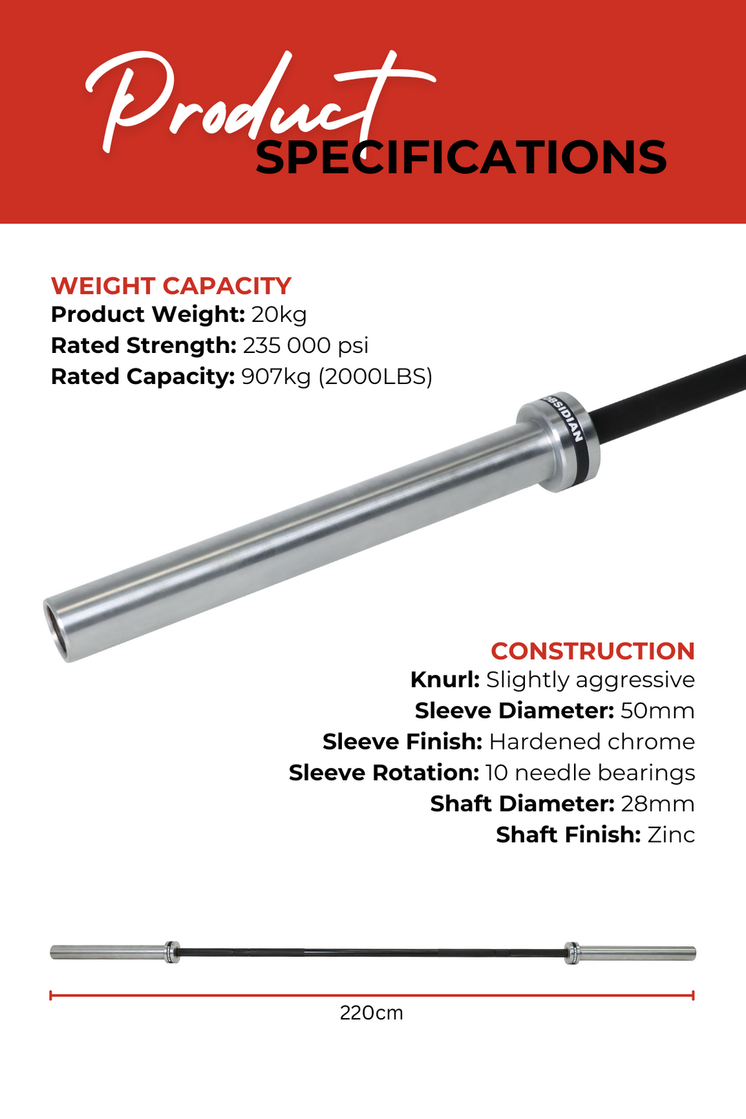 Body Iron 7ft Obsidian Commercial Olympic Barbell Rated 2000lbs