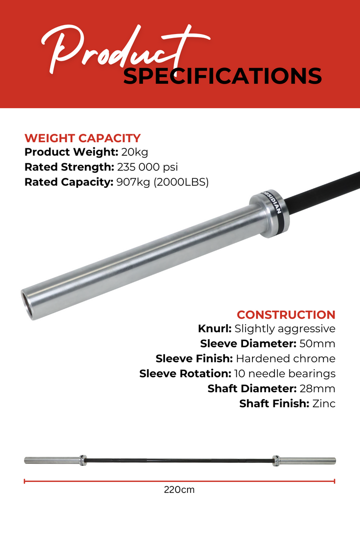 Body Iron 7ft Obsidian Commercial Olympic Barbell Rated 2000lbs