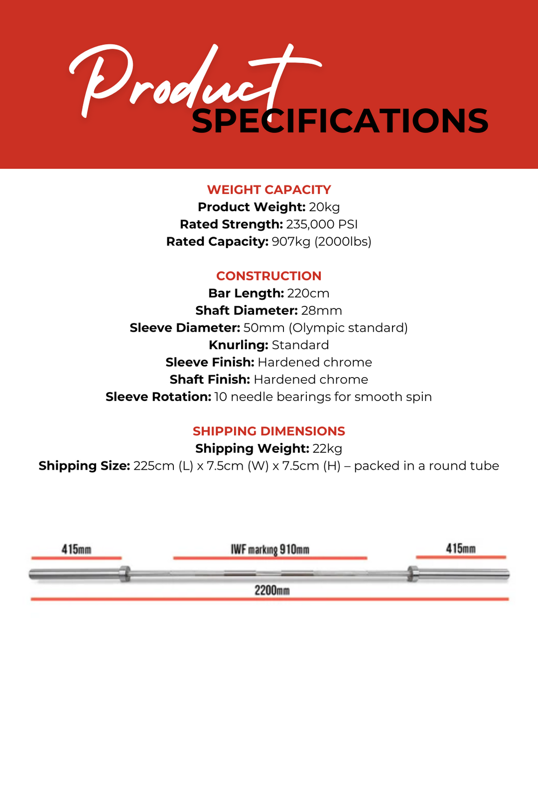 Body Iron 7ft Slate Commercial Olympic Barbell Rated 2000lbs