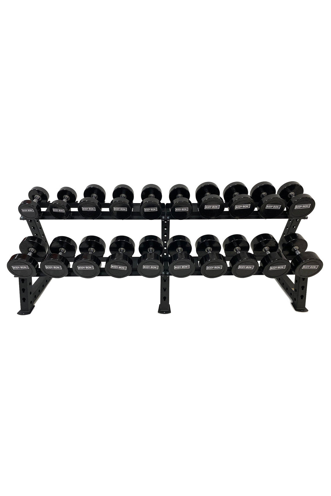 Body Iron dumbbell set in rack
