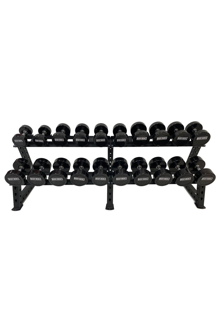 Body Iron dumbbell set in rack