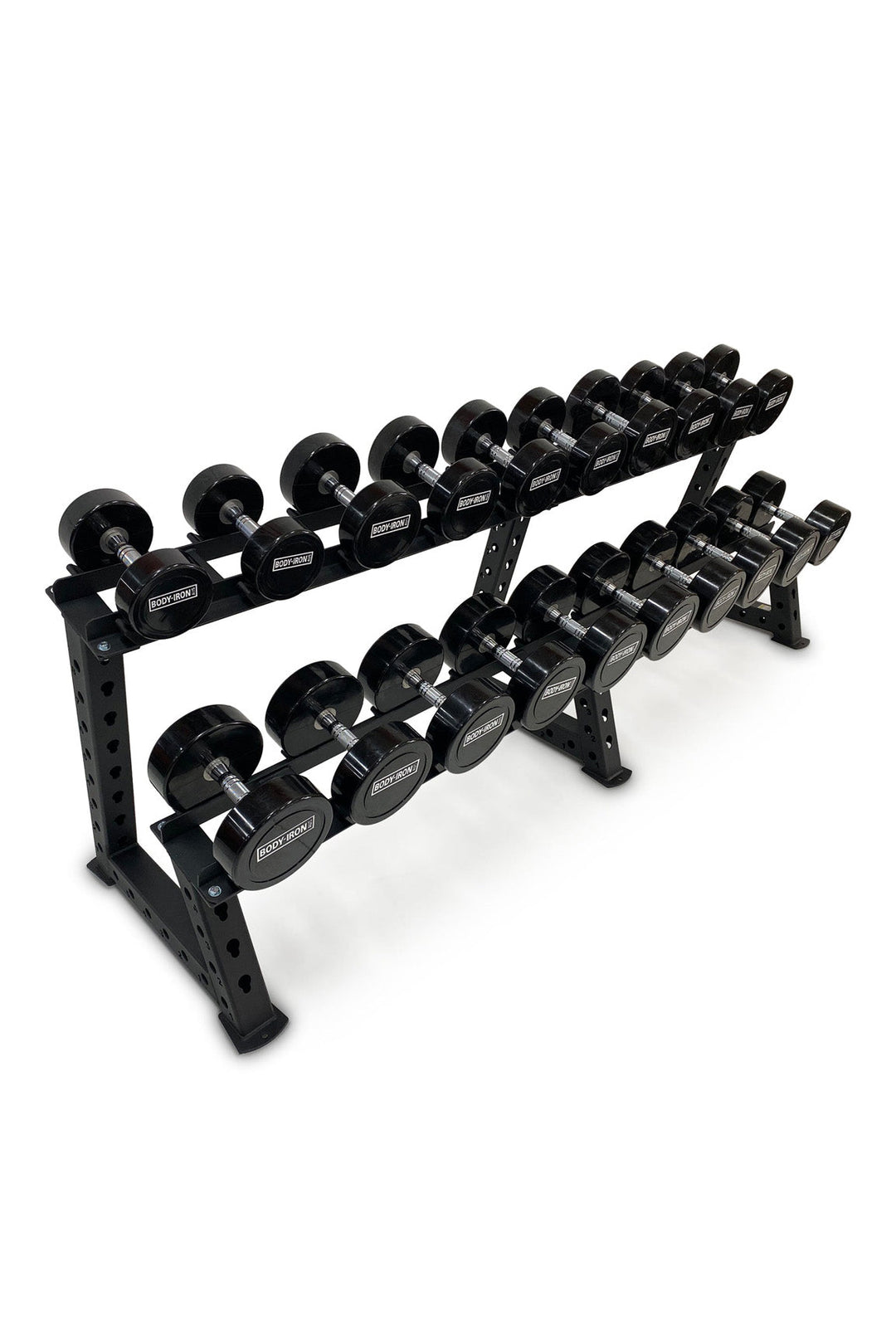 Body Iron dumbbell set in rack