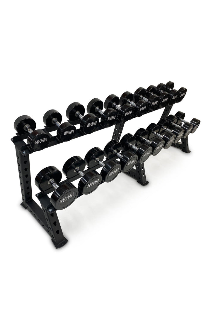 Body Iron dumbbell set in rack