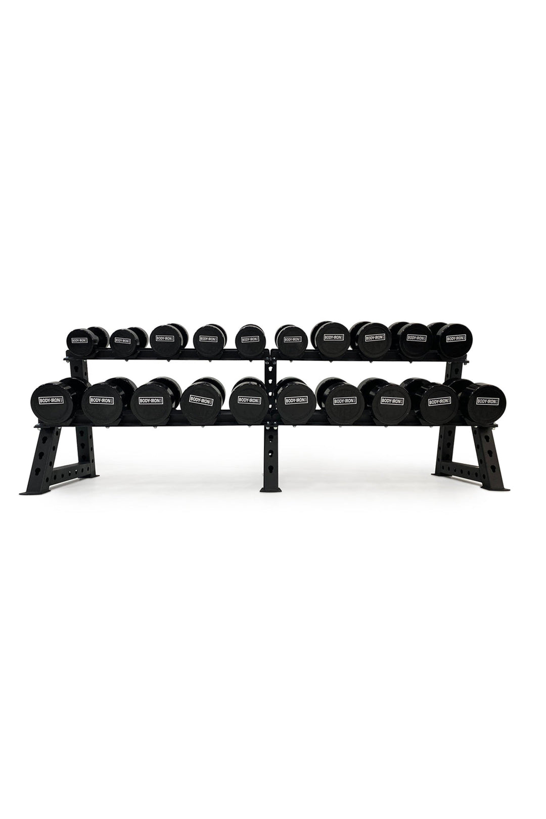 Body Iron dumbbell set in rack