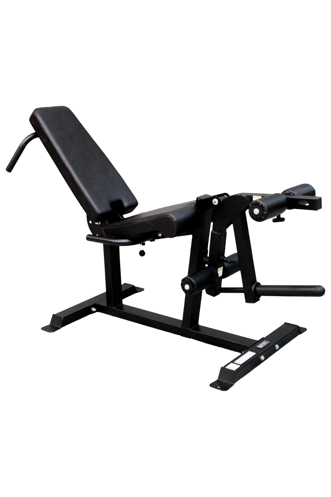 Black prone leg curl and leg extension machine