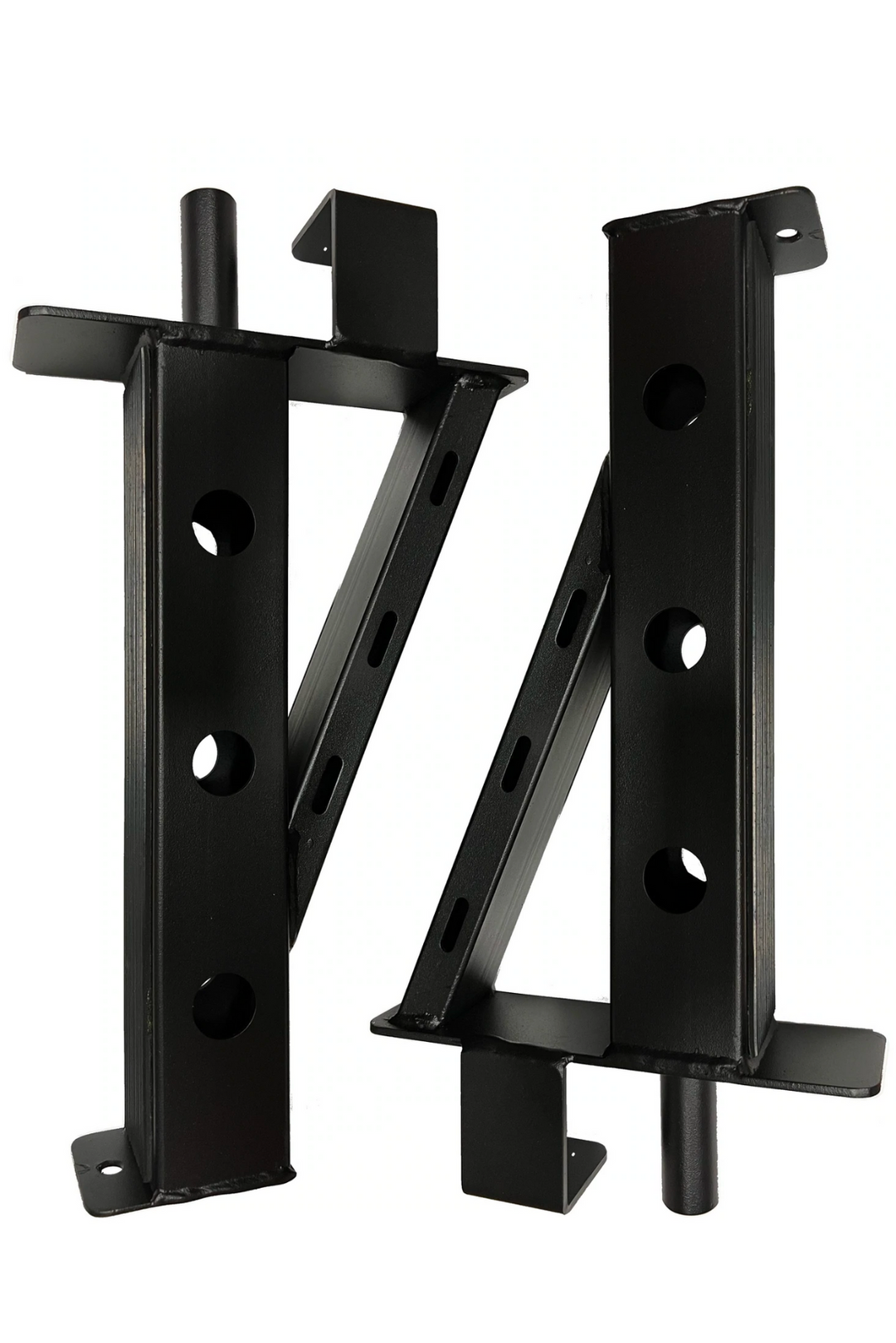 Black barbell spotter arms with 3 adjustment holes
