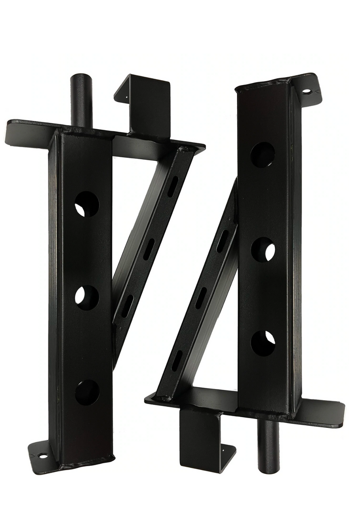 Black barbell spotter arms with 3 adjustment holes